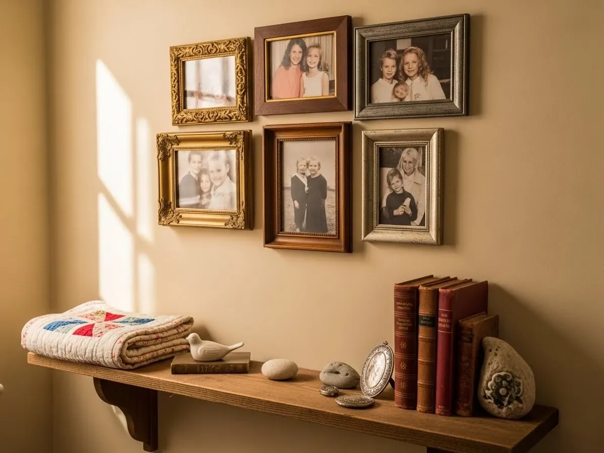 Cottage wall with family photos and sentimental decor pieces creating a personal home story.Tags: