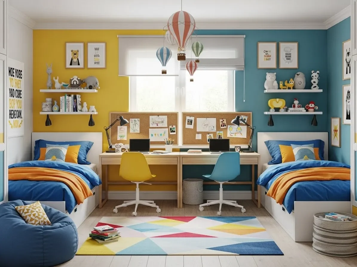 “Shared kids bedroom with coordinated décor and twin-friendly layout.”