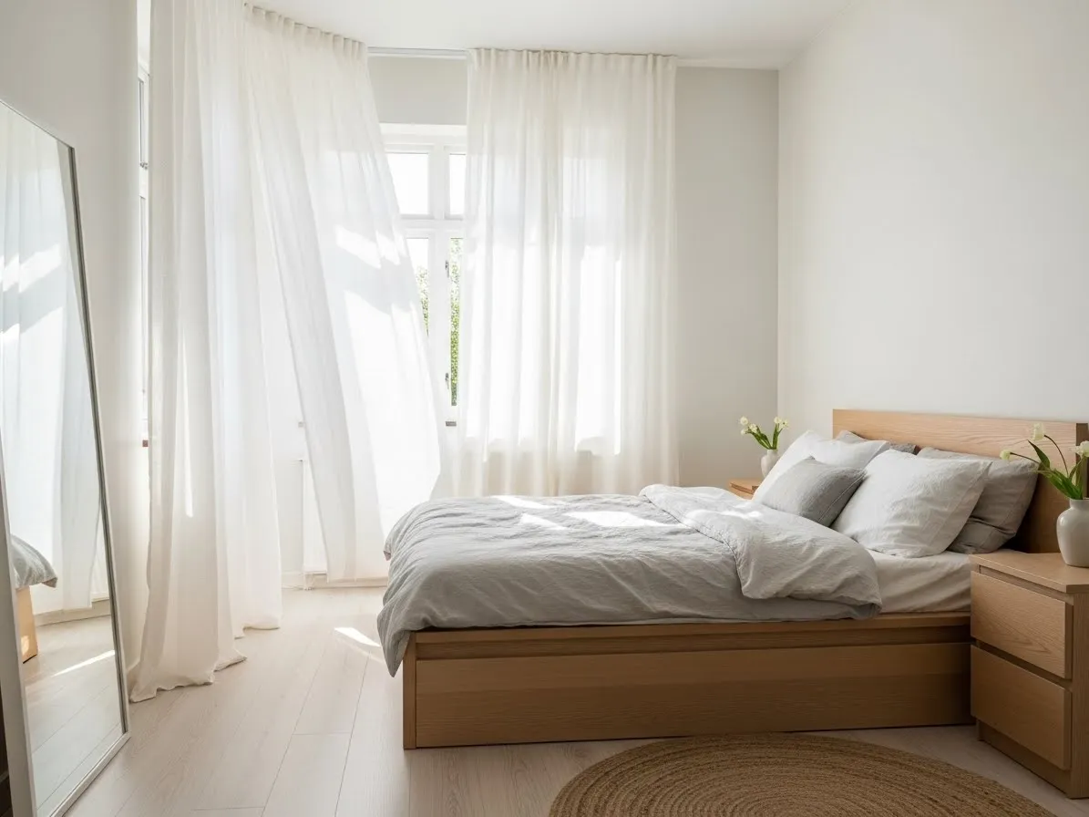 Sheer curtains maximize natural light in a bright Scandinavian bedroom.
