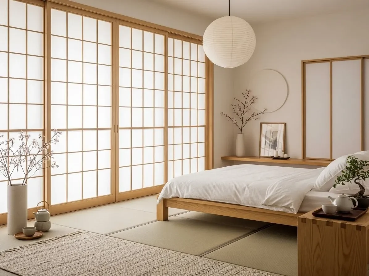 Japandi bedroom with sliding shoji-inspired screens and natural materials.