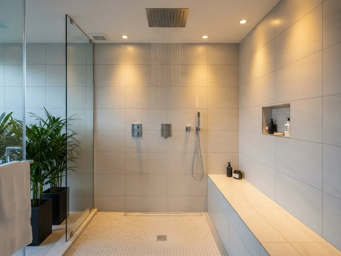 “Warm recessed LED lighting inside a walk-in shower creating a spa-like ambiance.”