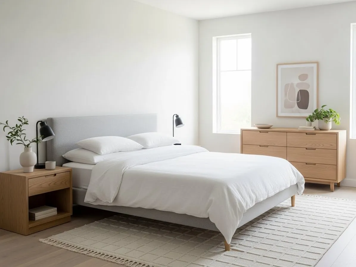 Simple bedroom furniture with clean lines and minimal decor for a calm modern bedroom.