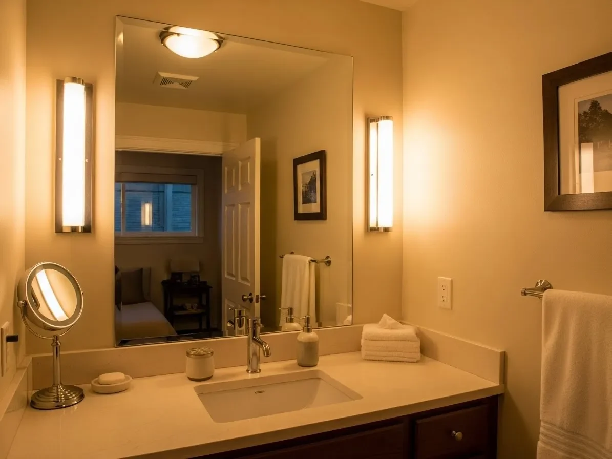 “Small bathroom with vertical sconces, large mirror, and warm layered lighting.”