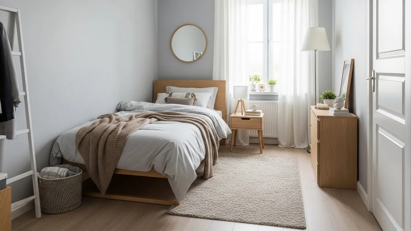 Small bedroom layout with the bed against the longest wall and a clear walking path to maximize space.