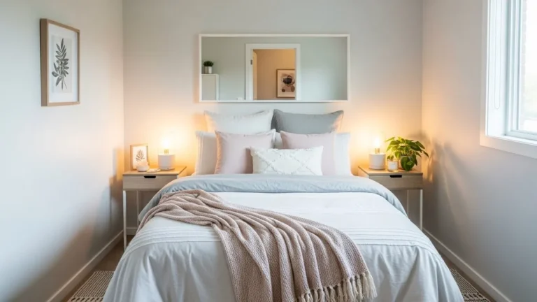 Bright small bedroom with a compact bed, layered bedding, slim furniture, and a mirror that makes the space feel bigger.