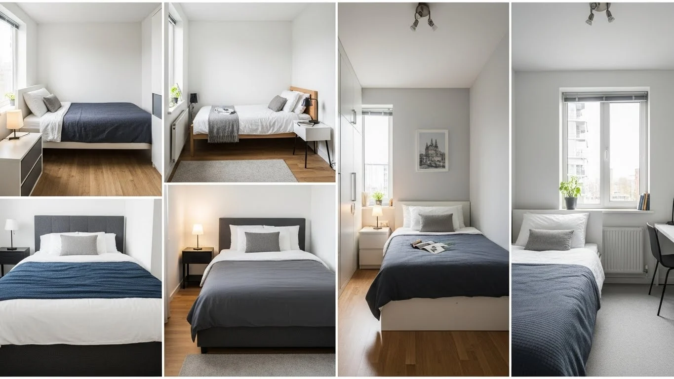 Collage of small bedroom layout ideas showing different bed placements and space-saving furniture arrangements.