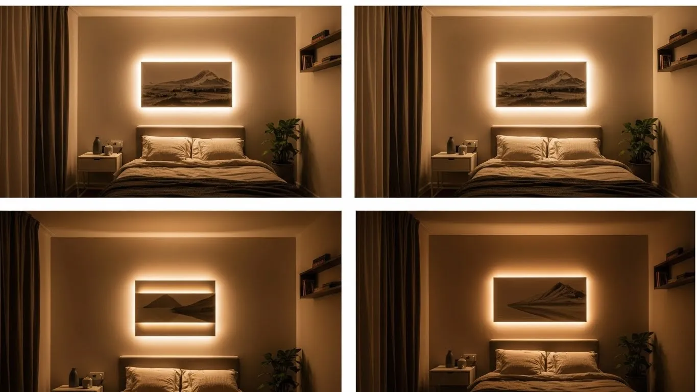 Collage of small bedroom lighting ideas with wall sconces, a bedside lamp, and a warm pendant light.