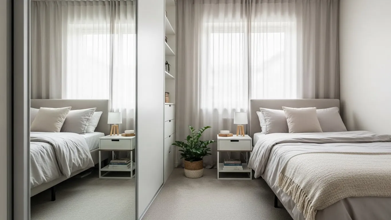 Small bedroom with a large mirror opposite the window to reflect light and make the room look larger.