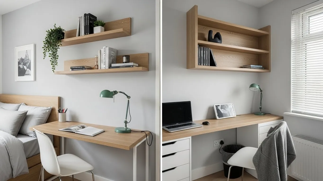 Collage of vertical space ideas for a small bedroom using floating shelves, wall sconces, and a wall-mounted nightstand.