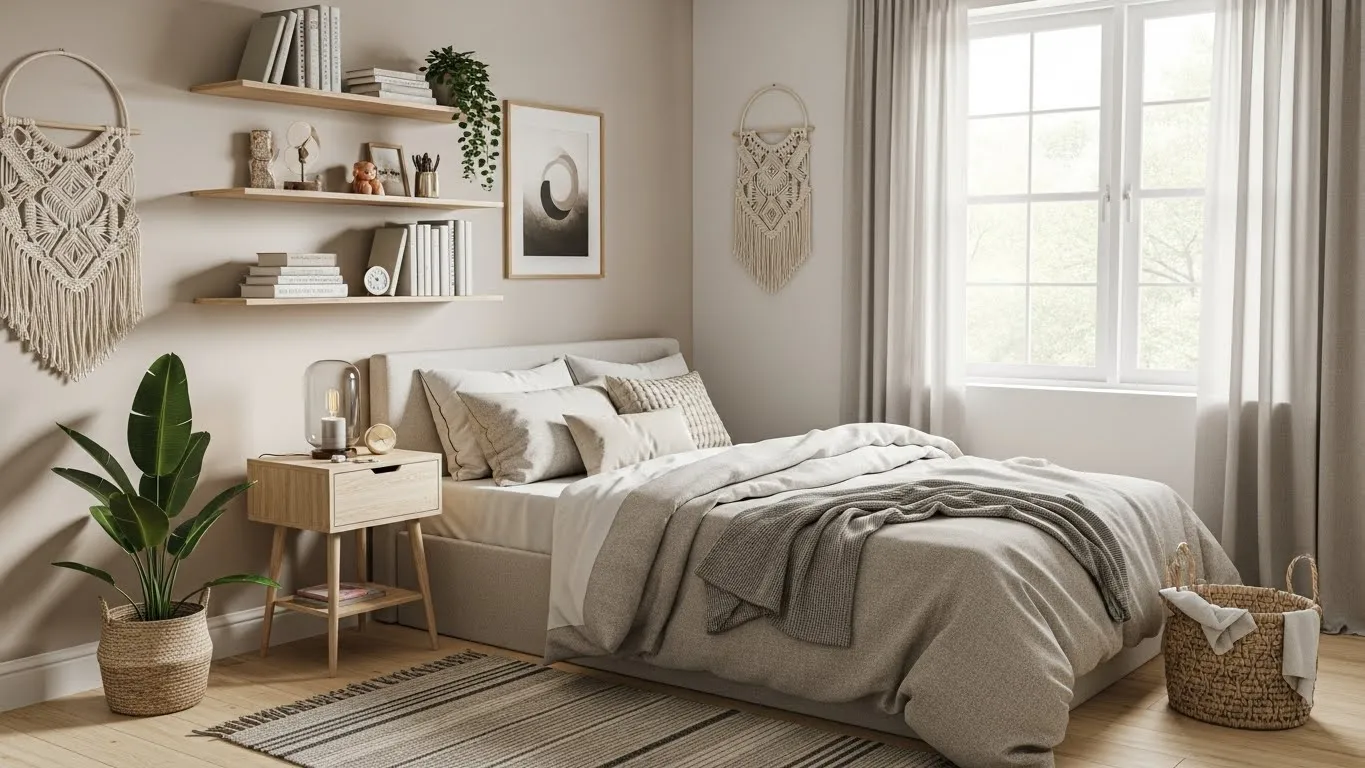 “Small boho bedroom ideas for apartments with a compact layout, floating shelves, and layered bedding.”
