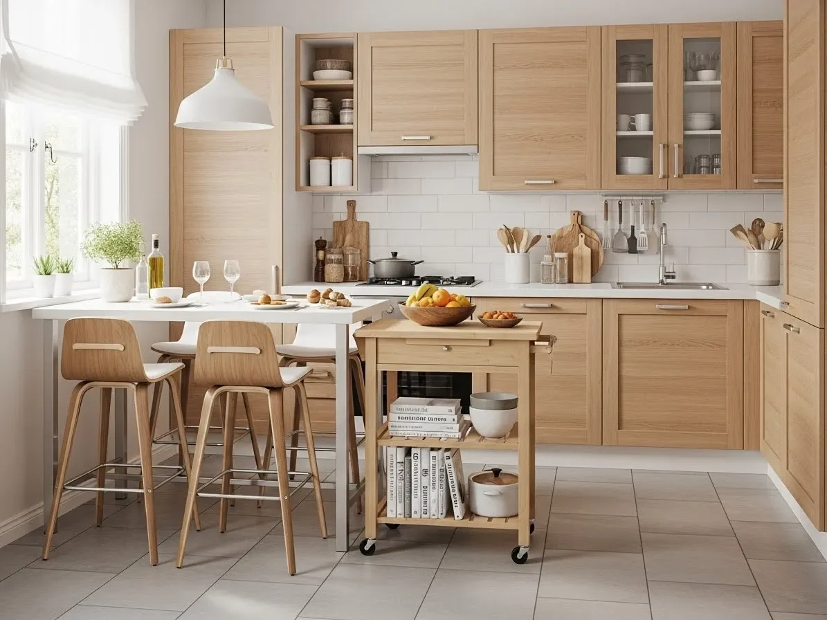 “Small kitchen island and rolling cart adding extra prep space and storage.”