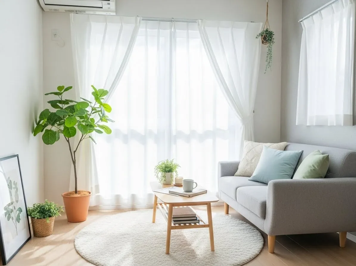 Small living room with sheer curtains hung high and wide to make the space feel bigger.
