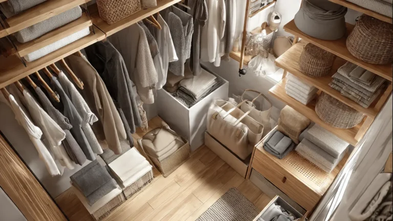 “Modern small apartment with floating shelves, baskets, under-bed storage, and clean vertical organization.