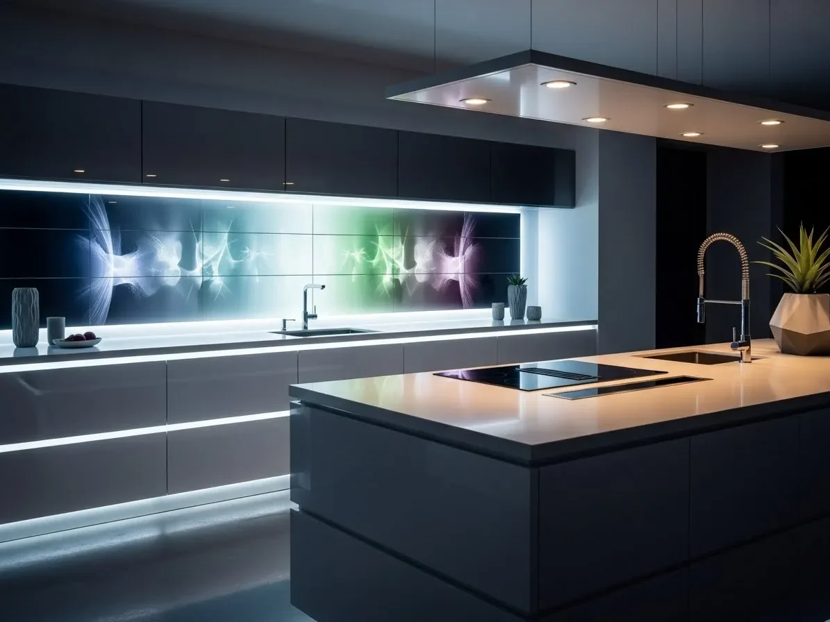 Futuristic kitchen with LED-lit color-changing smart backsplash panels and sleek modern cabinetry.