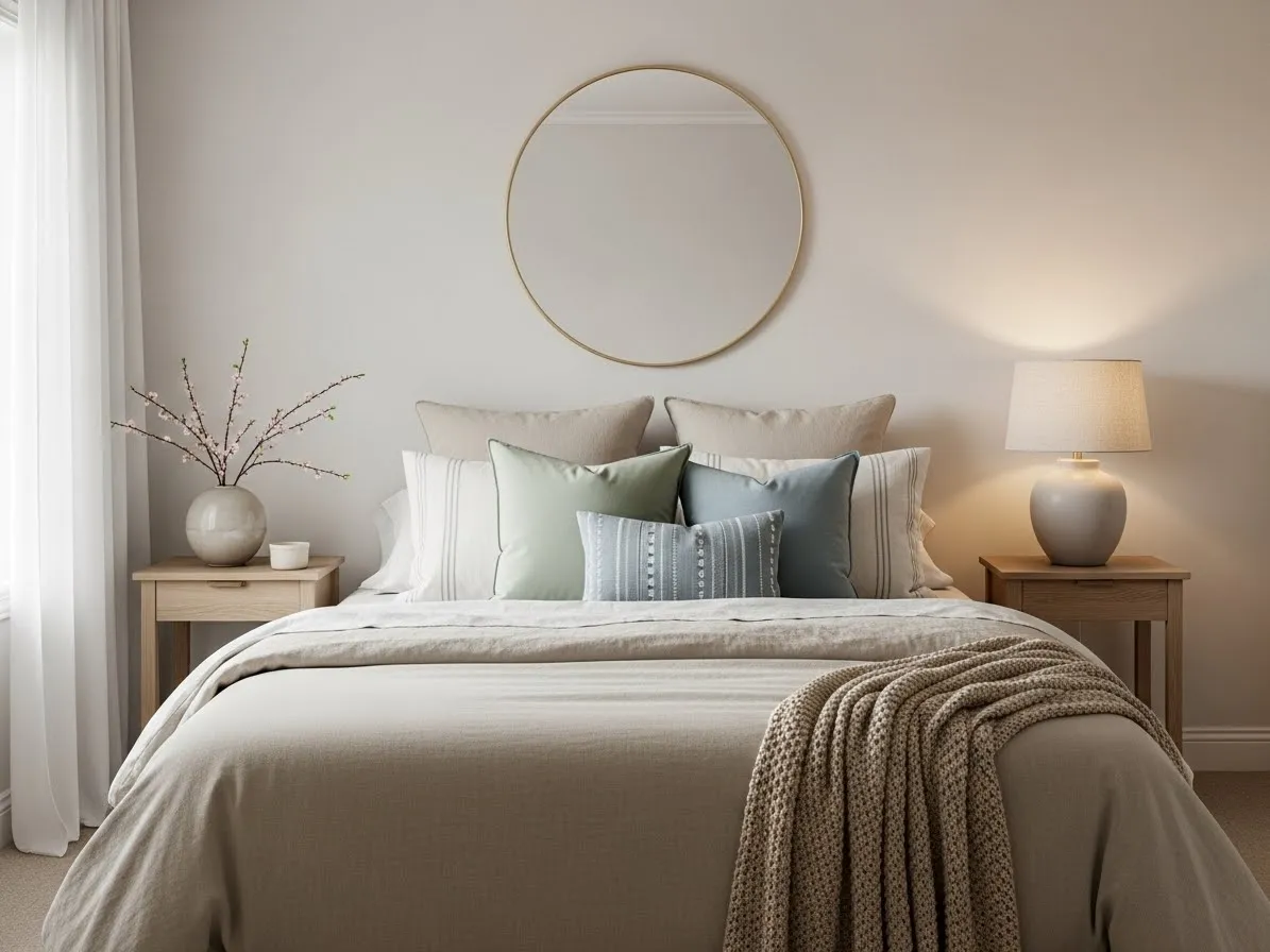 Soft accent colors in bedroom decor using muted pillows and neutral bedding for a calm look.