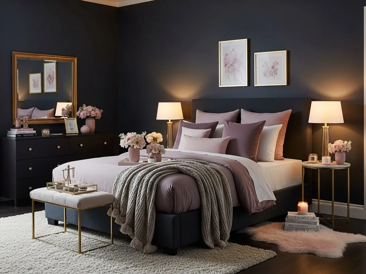 Soft accent colors adding femininity to a dark bedroom.