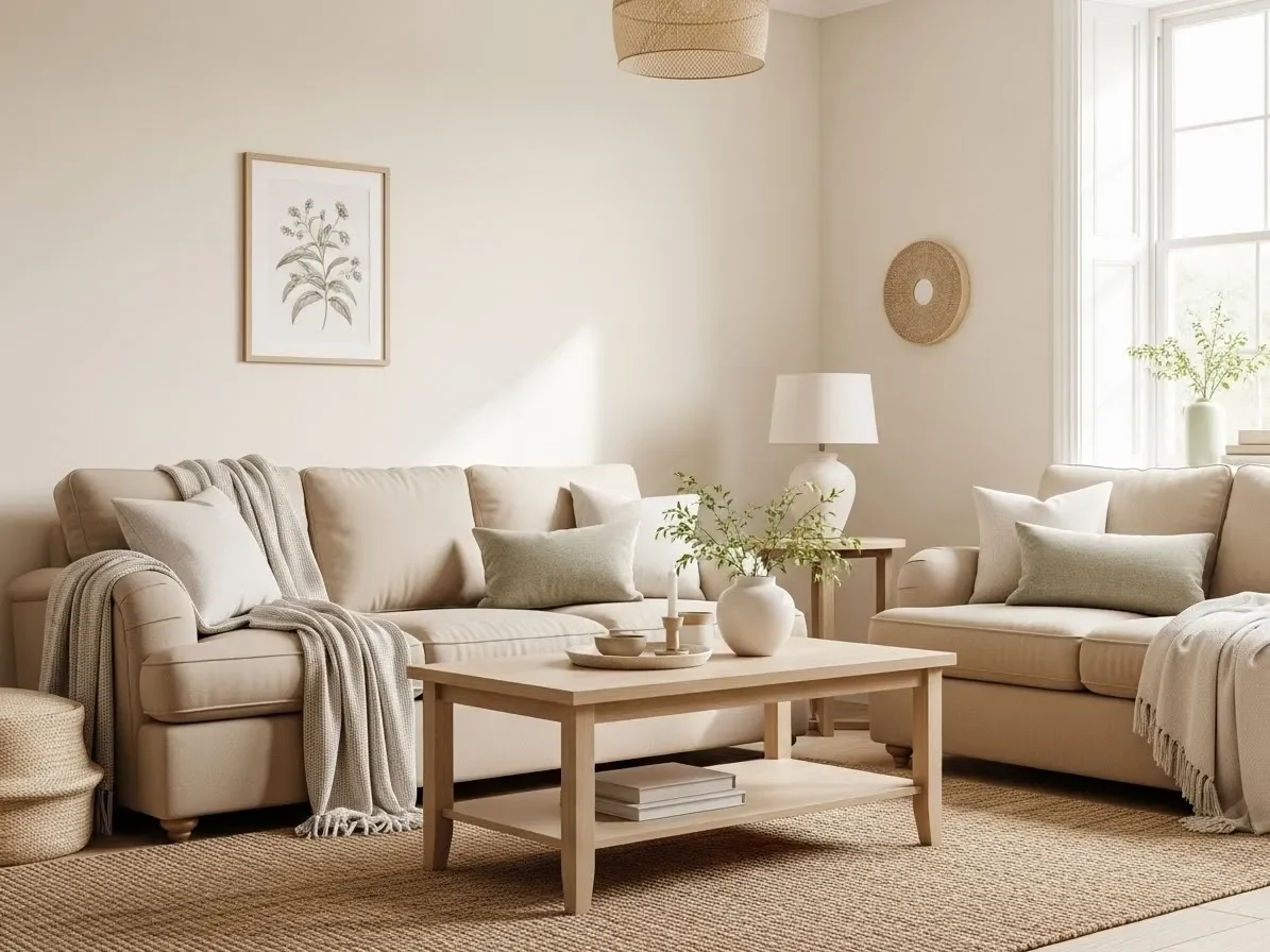 Soft neutral living room with sage and beige accents in a cozy cottage home decor style.