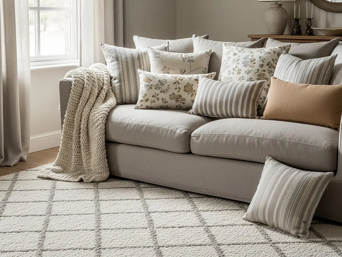 Cozy cottage seating area with layered pillows, throw blanket, and soft rug.