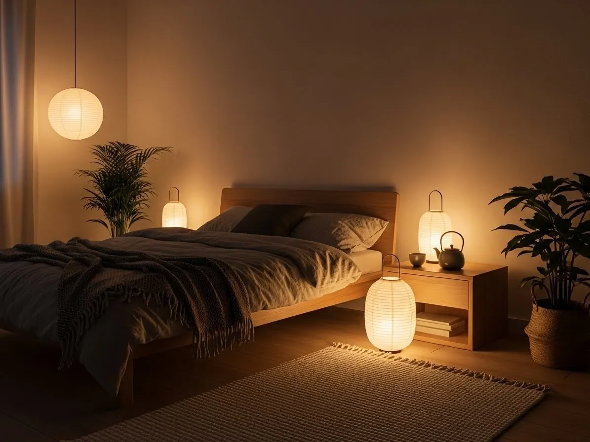 Japandi bedroom with paper lanterns and warm soft lighting.