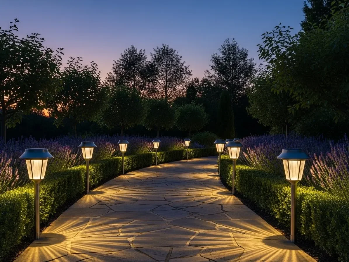 Solar path lights glowing along an outdoor garden path at dusk.