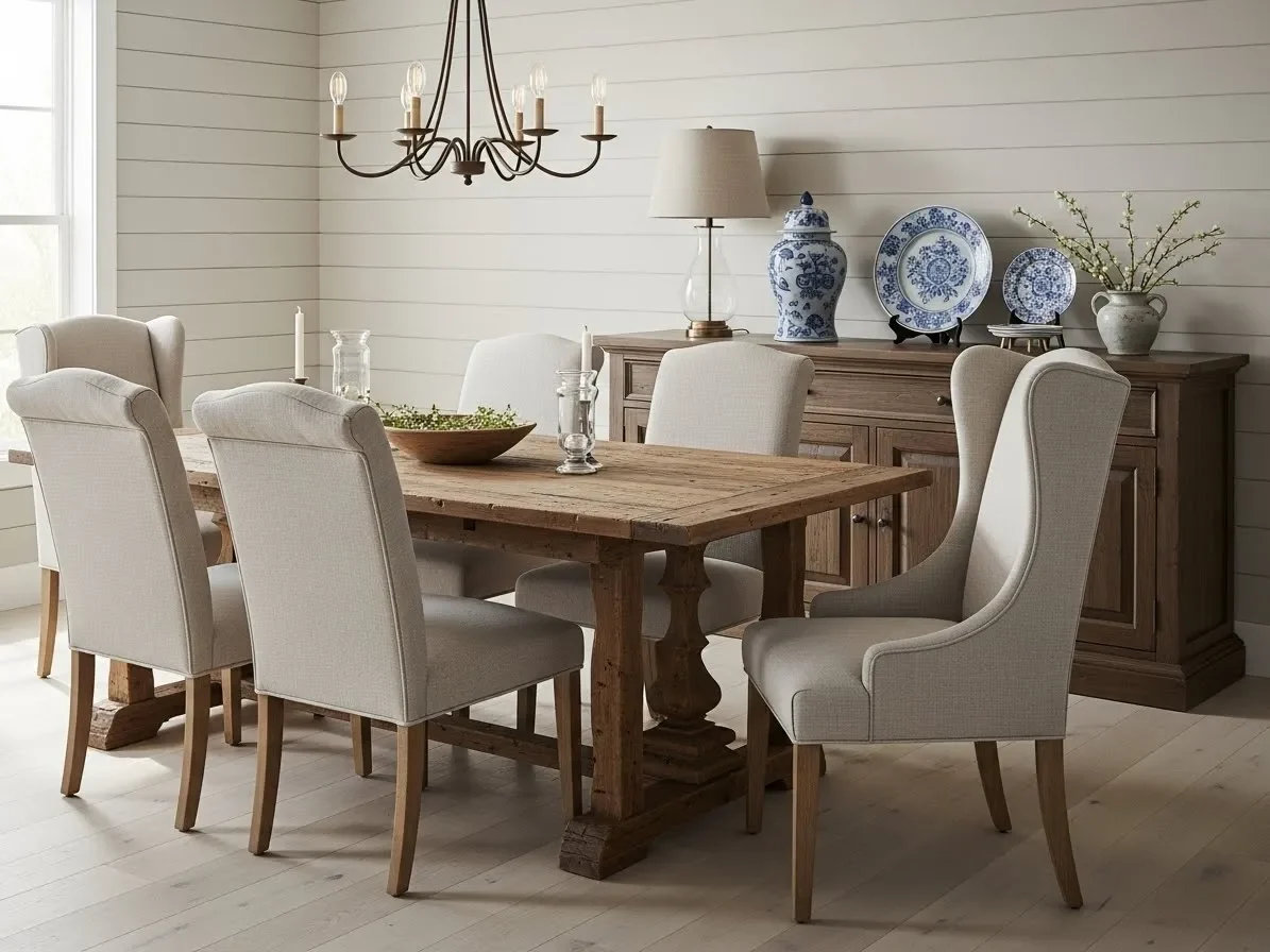 “Southern farmhouse dining room mixing a rustic table with traditional chairs and decor.”