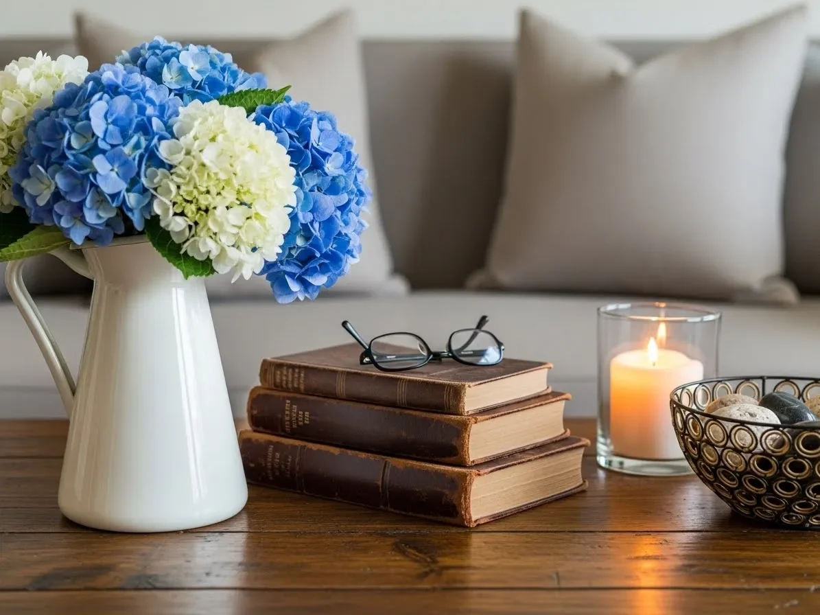 “Hydrangeas in a pitcher on a styled coffee table in a Southern home.”