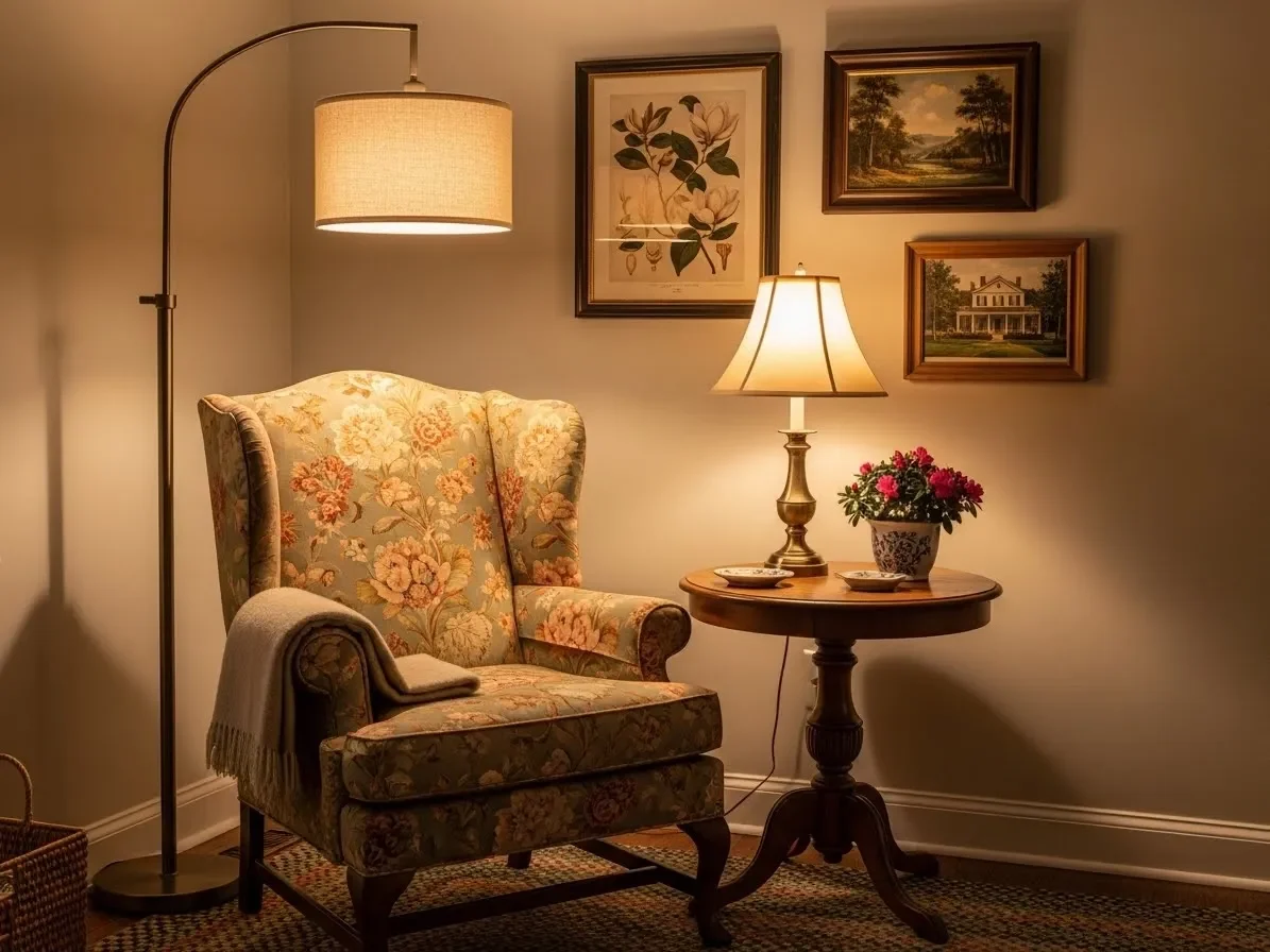 “Cozy Southern living room corner with layered lamp lighting and classic decor.”