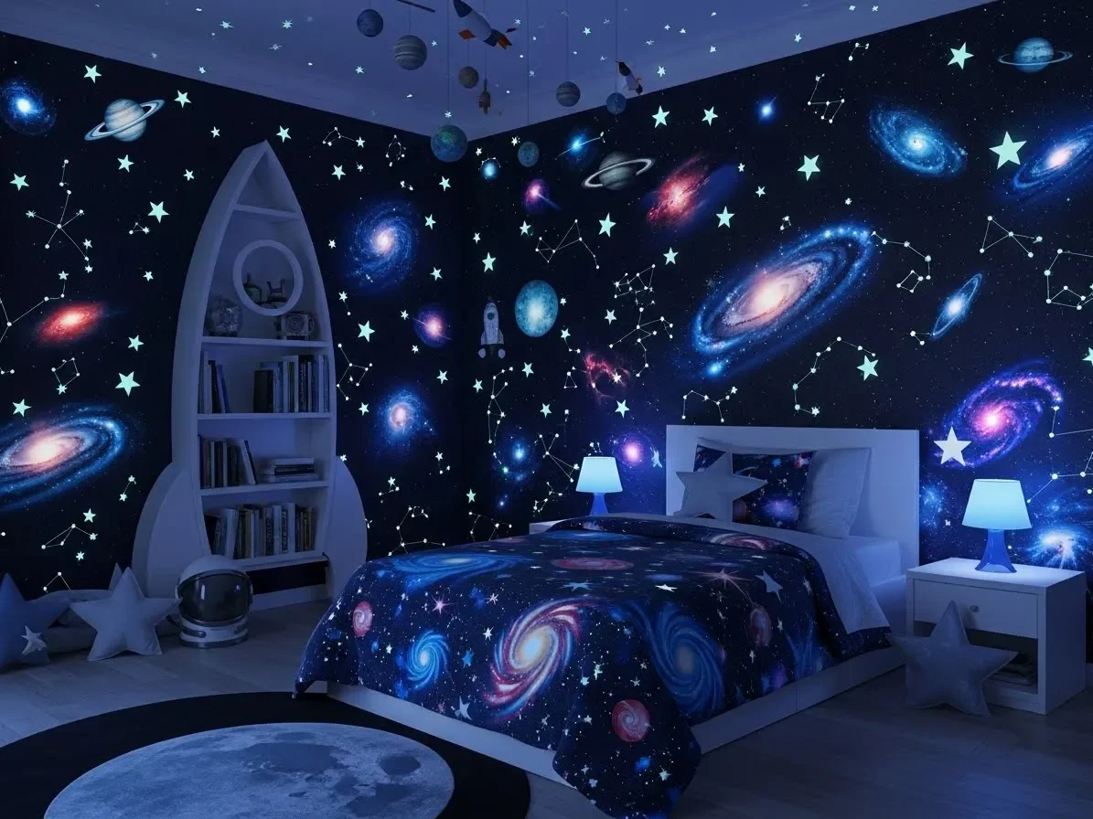 “Kids galaxy bedroom with star decals, planet murals, and glow-in-the-dark space décor.”