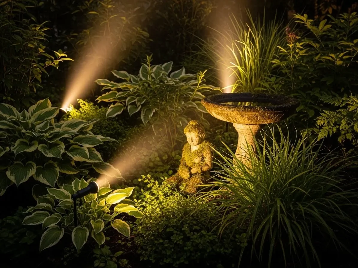 Spike lights highlighting plants and landscape features at night.