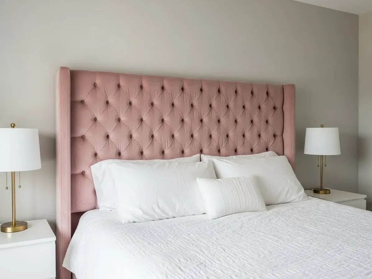Bedroom with a bold tufted pink headboard as the focal point.