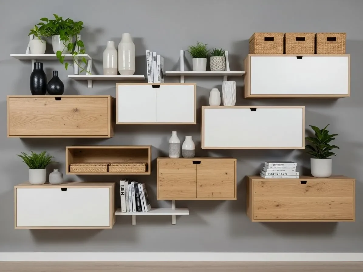 Mixed shelf and cabinet storage wall in a small living room.”