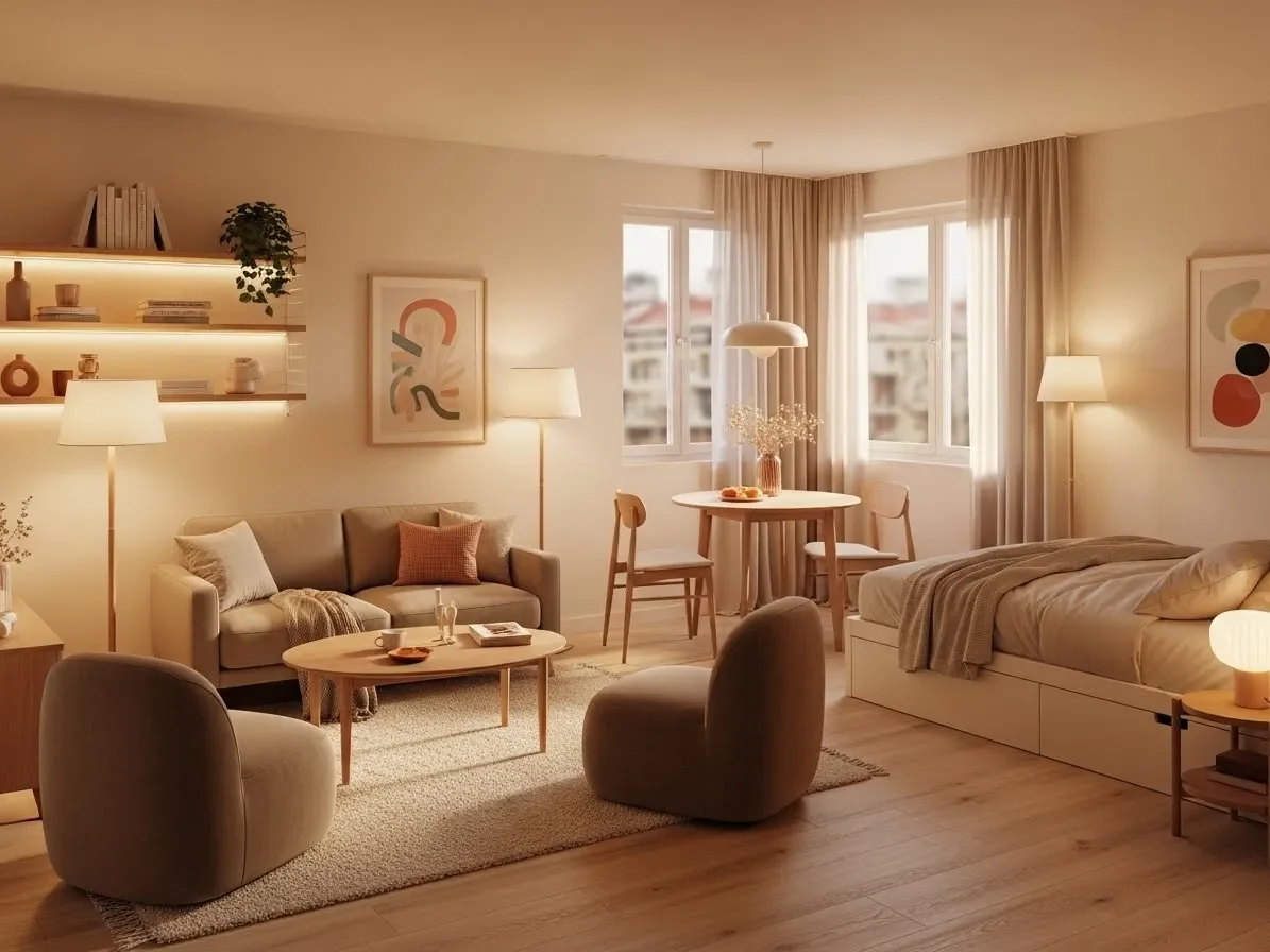 A cozy open-layout studio apartment that shows why small spaces work well for couples.