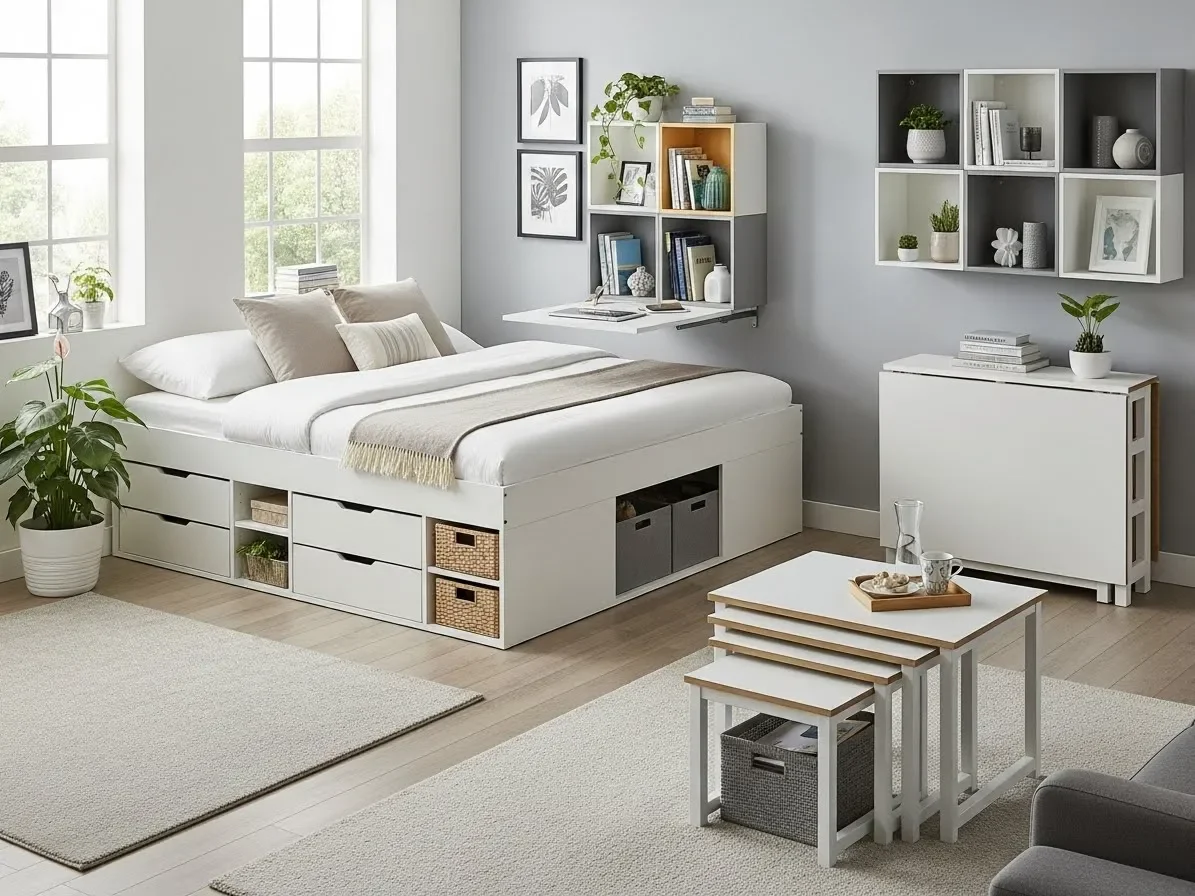 A studio apartment featuring foldable and multi-purpose furniture to save space for couples.