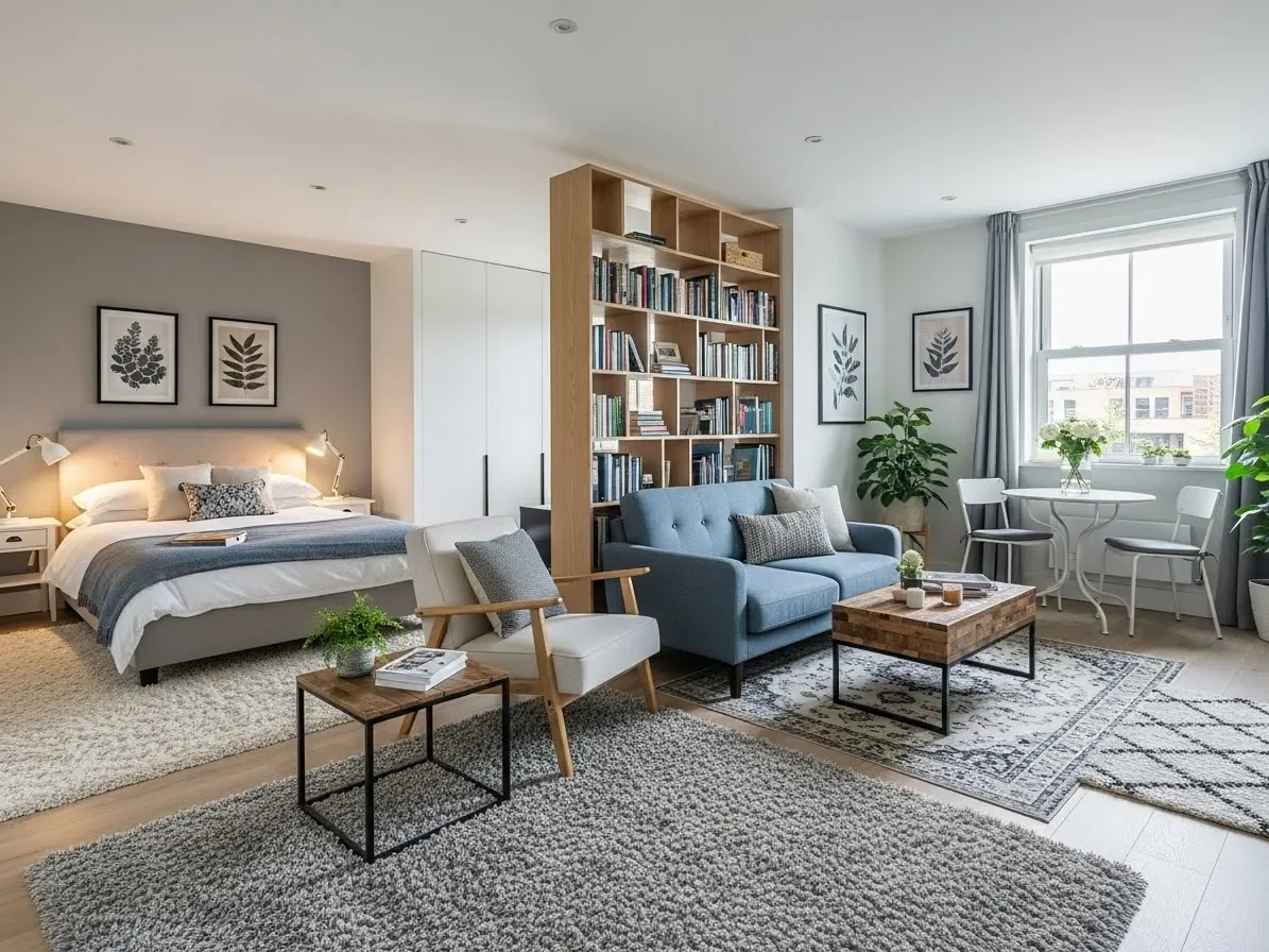 A studio apartment with clear zones for sleeping, living, and dining using shelves and rugs as dividers.