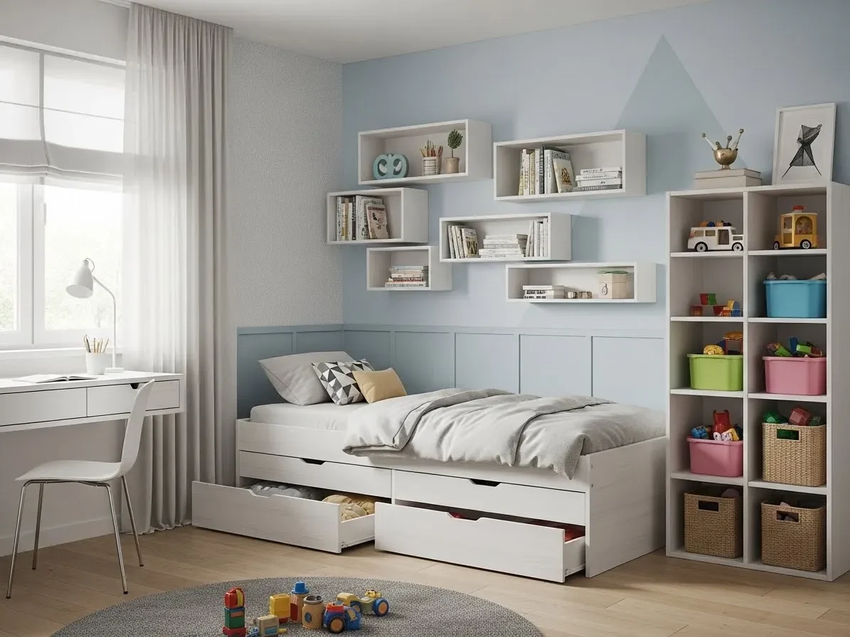 “Kids bedroom with practical built-in storage and organized décor.”