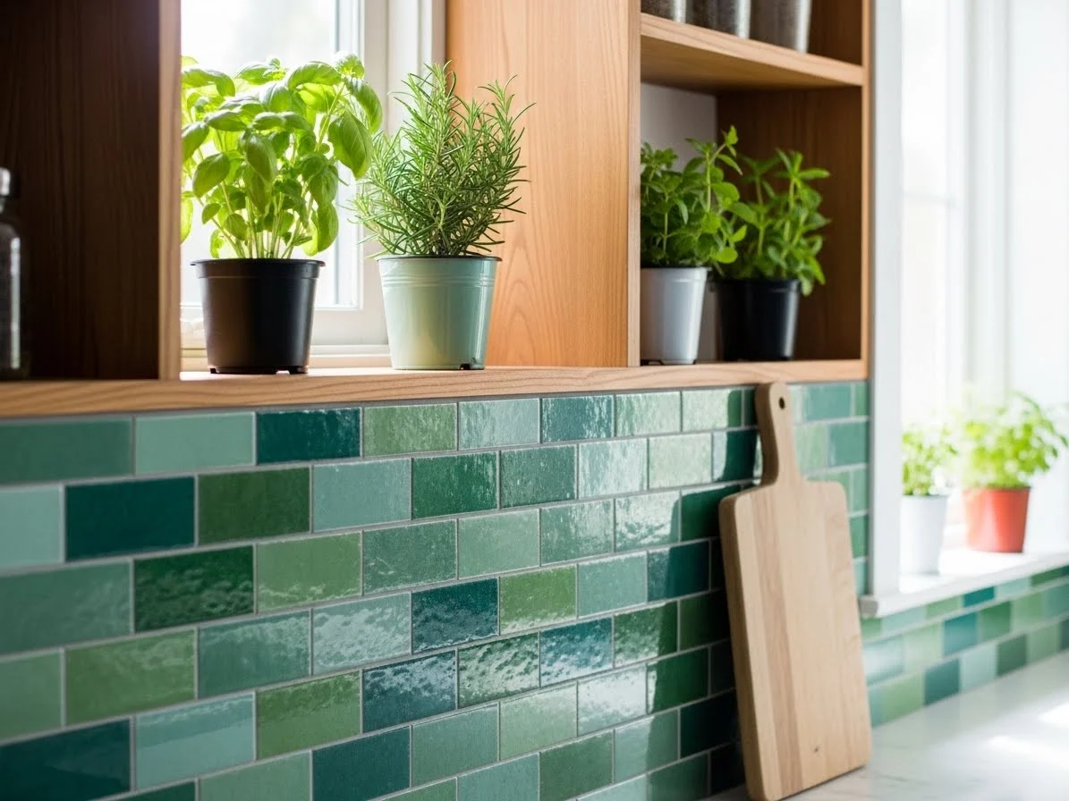 Eco-friendly kitchen with recycled glass backsplash tiles in green and teal, natural wood accents, and bright daylight.