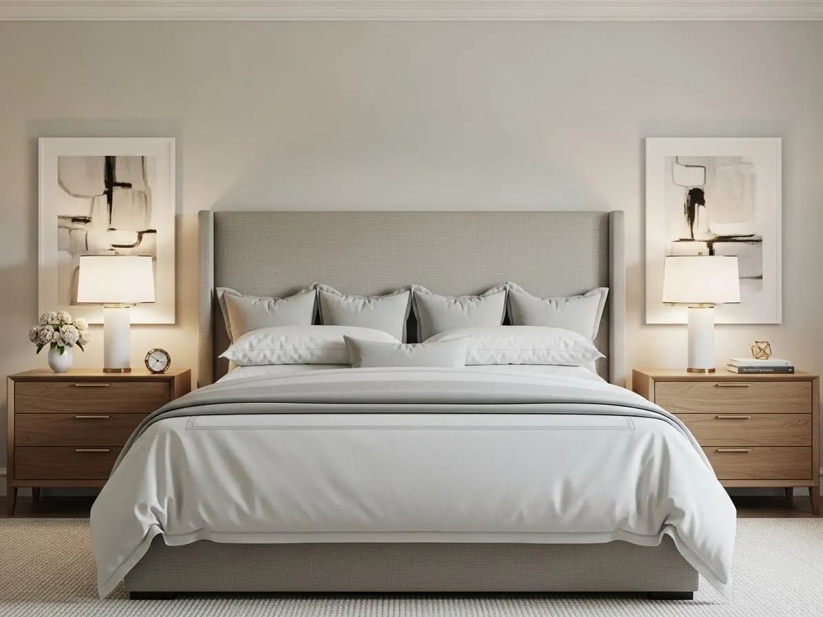 Symmetrical bedroom decor with matching lamps and balanced styling for a calm organized look.