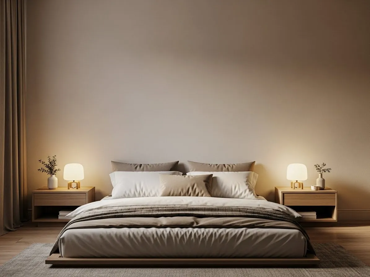 Symmetrical bedroom setup with matching nightstands and lamps and a bed without a headboard.