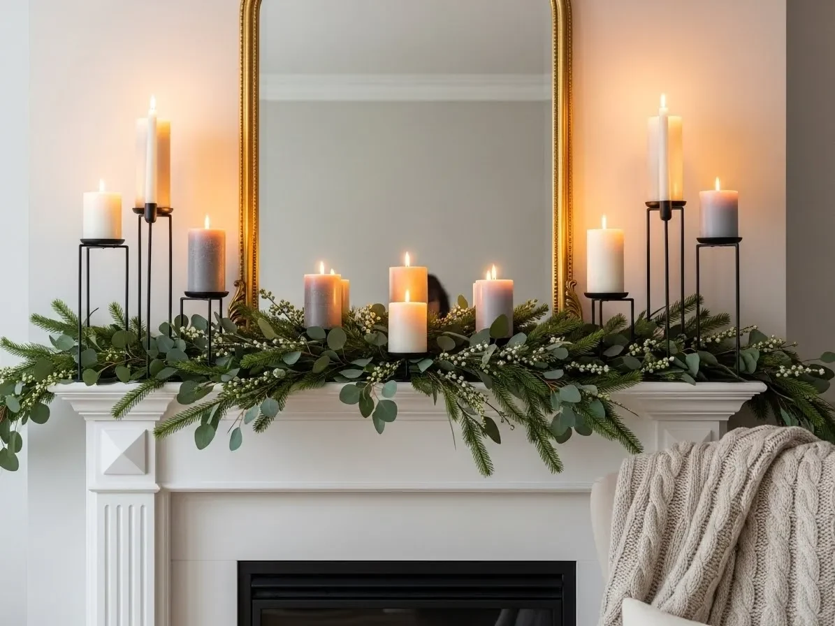 “Symmetrical candleholder arrangements on a mantel for clean winter mantel decorating ideas.”