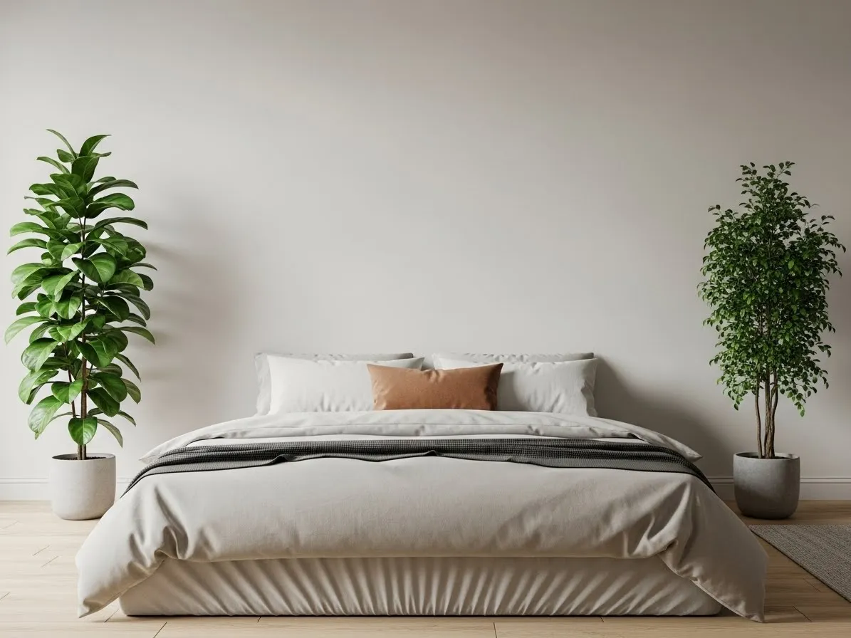 Bed without a headboard framed by tall indoor plants on both sides in a warm minimalist bedroom.