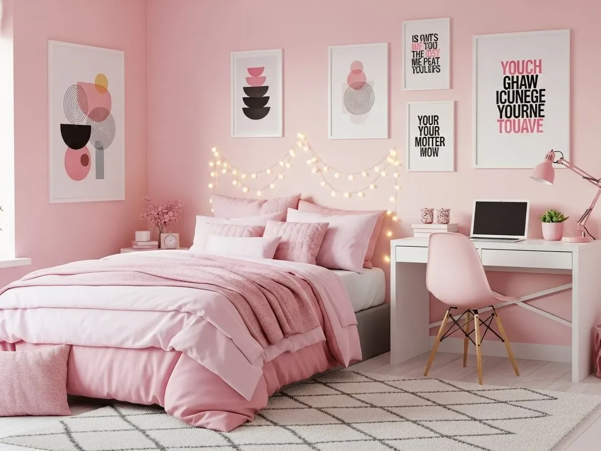 Trendy teen pink bedroom with pastel décor and fairy lights.