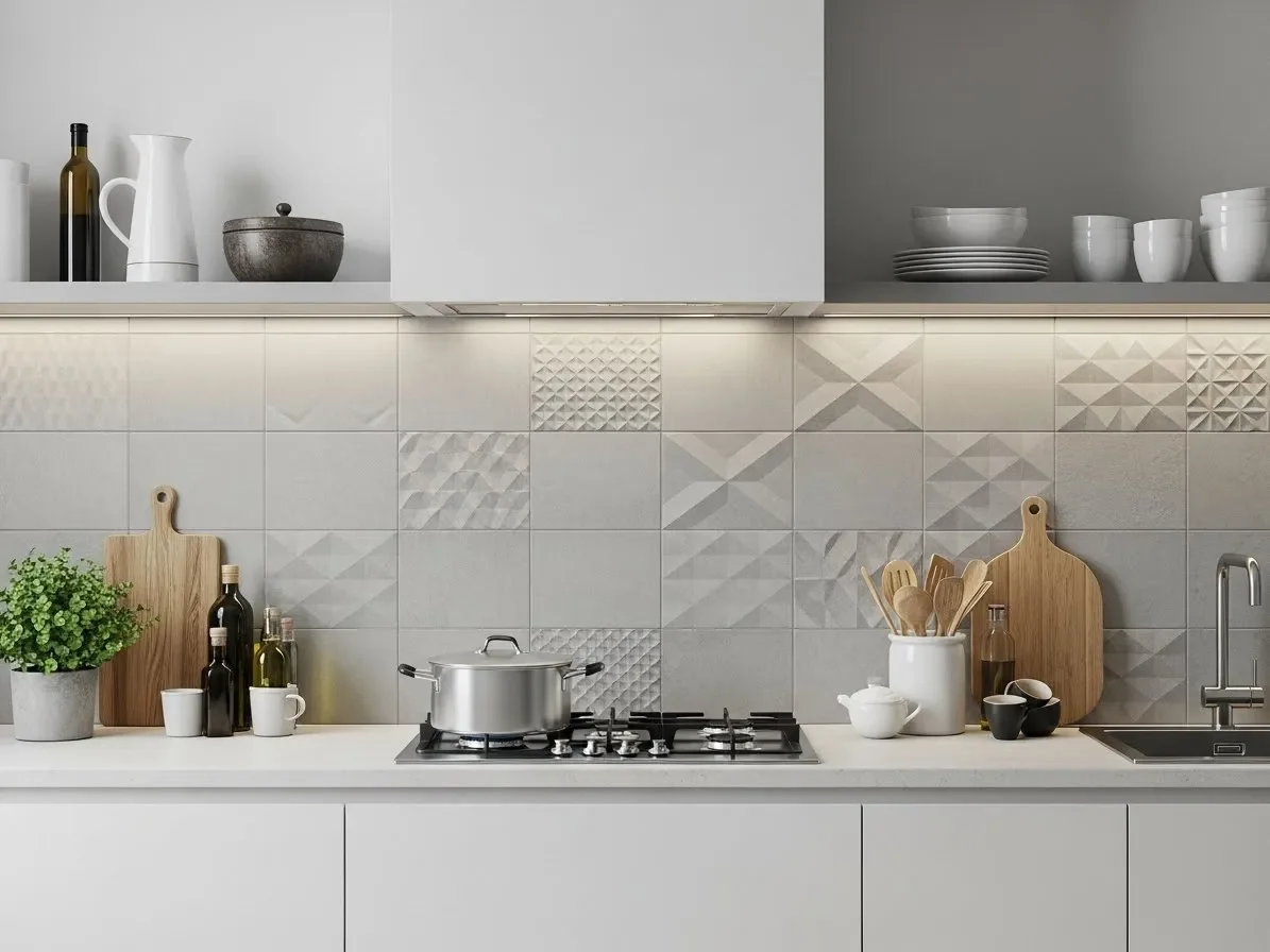 Kitchen with soft gray 3D textured backsplash tiles highlighted by layered lighting and minimalist décor.