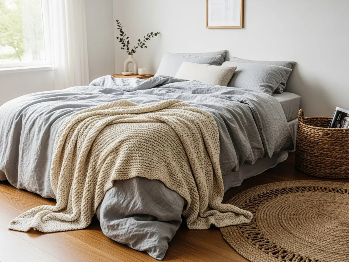 Textured bedroom decor with linen bedding, knit throw, woven basket, and warm wood accents.