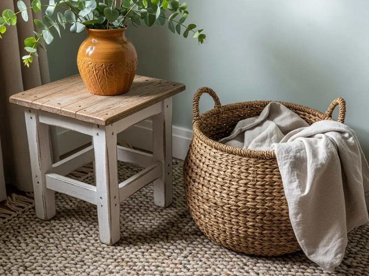 Cottage corner with wood, linen, wicker, and stone textures in earthy cottage home decor.