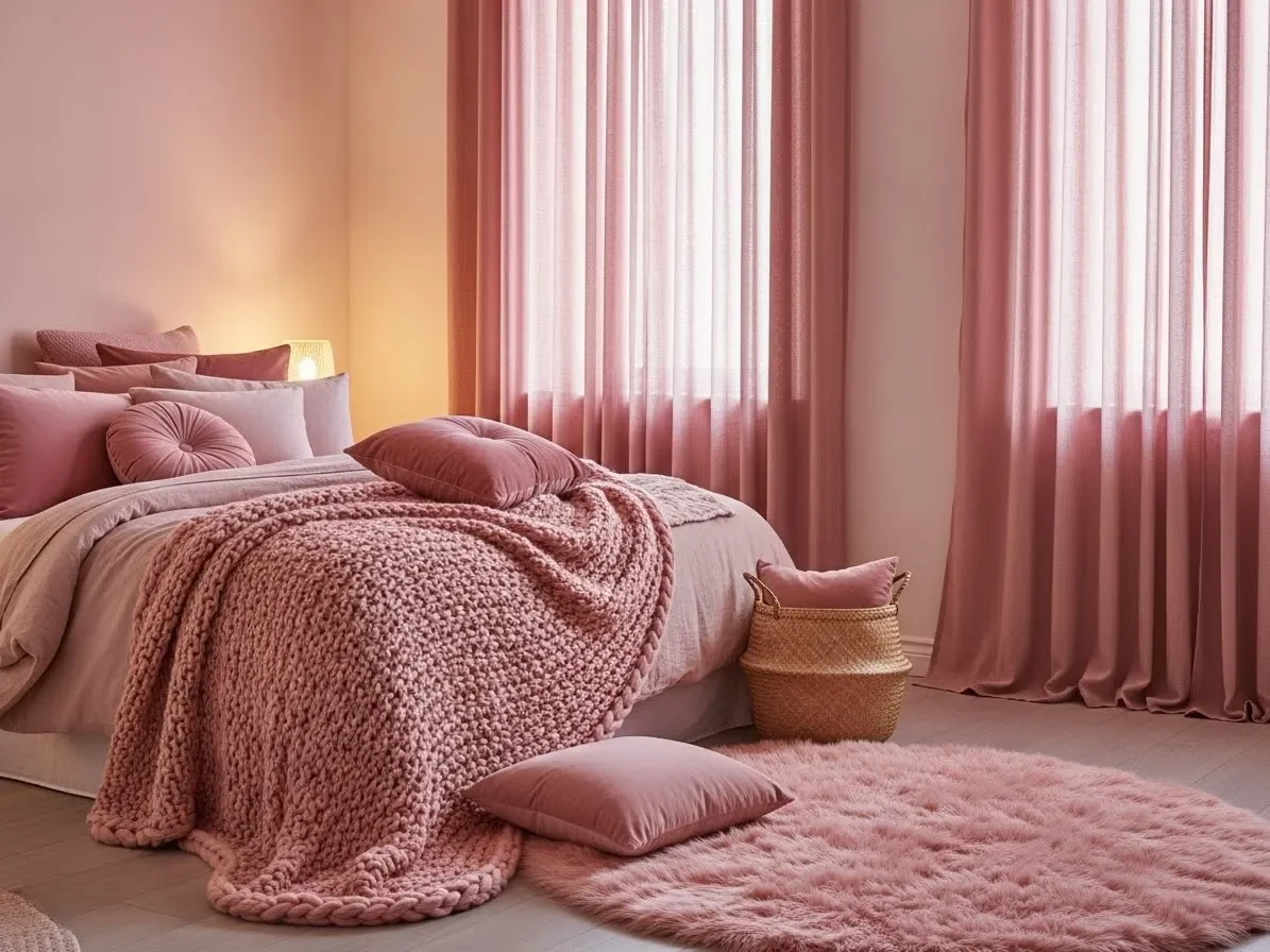 Pink bedroom with mixed textures including velvet pillows and knit throws.
