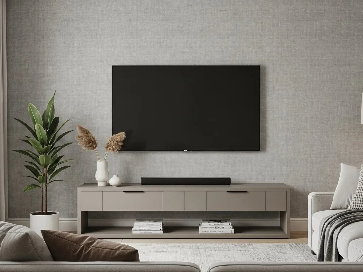 TV wall featuring textured wallpaper for added depth and style.