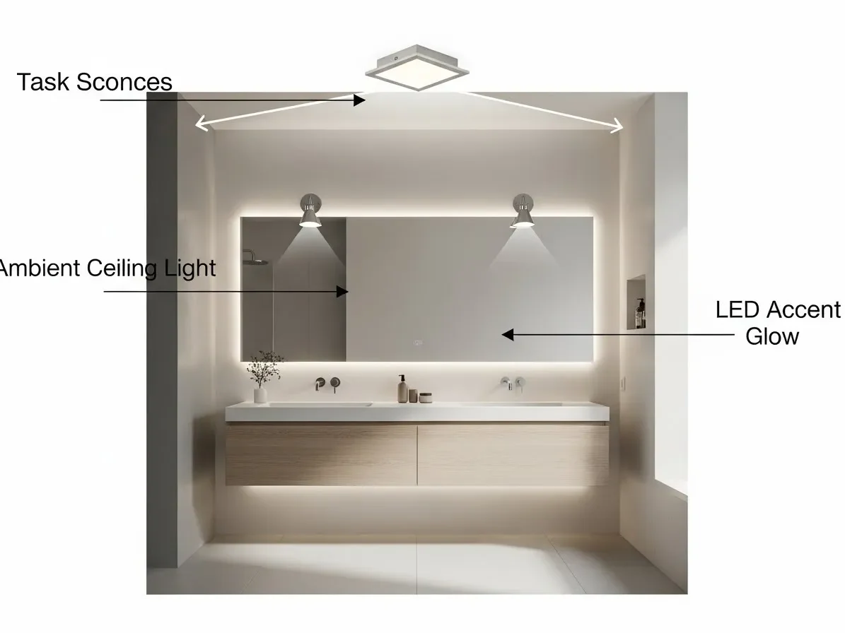 “Diagram of task, ambient, and accent lighting layered together in a modern bathroom.”