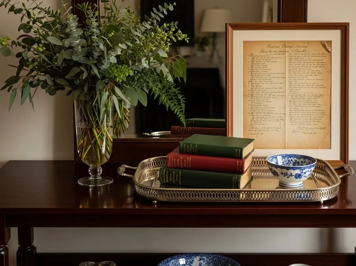 “Console table styled with silver tray, framed recipe, books, and blue and white bowl in a Southern home.”