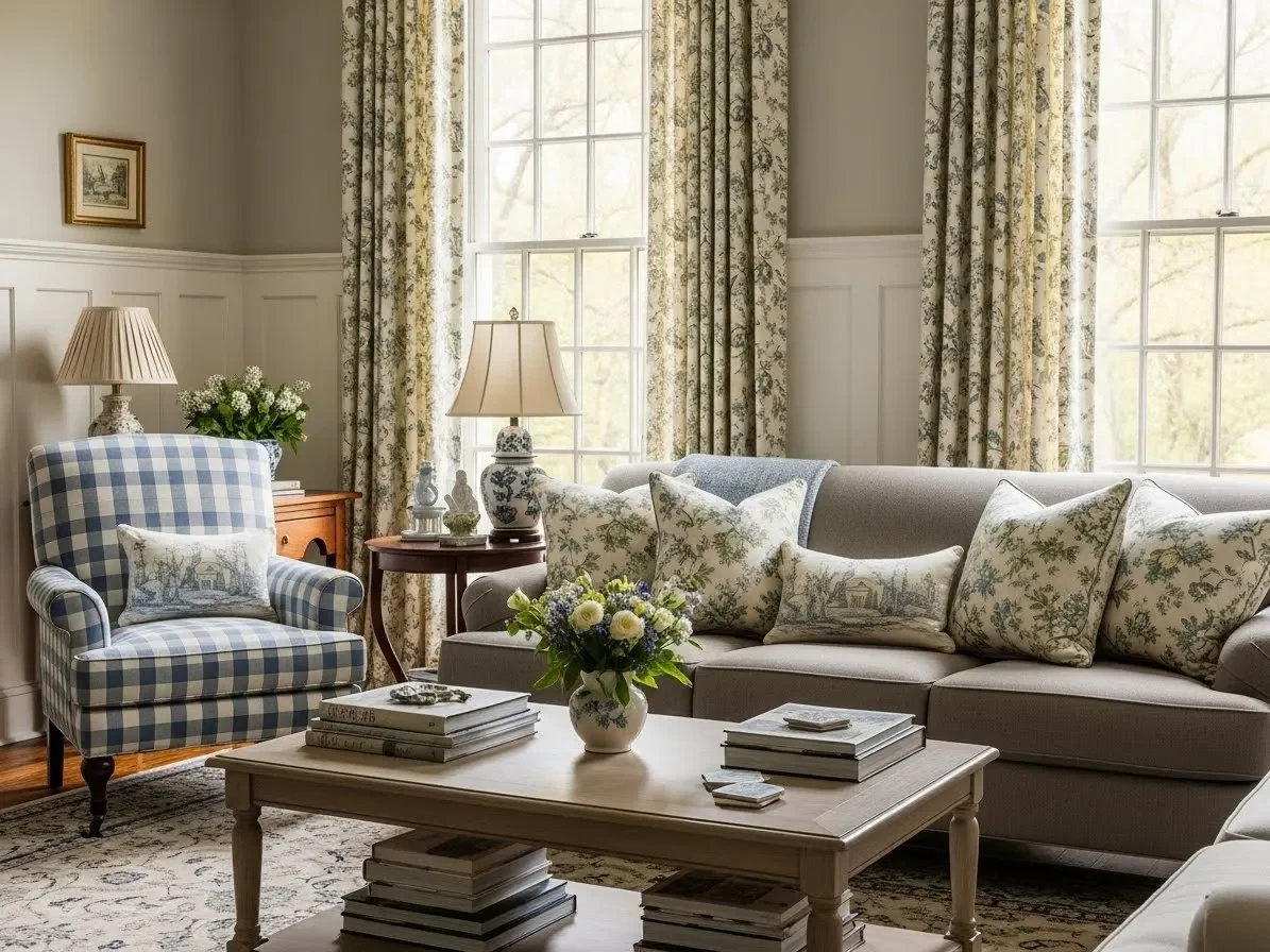 “Traditional Southern sitting room with floral, toile, and gingham fabrics layered on seating