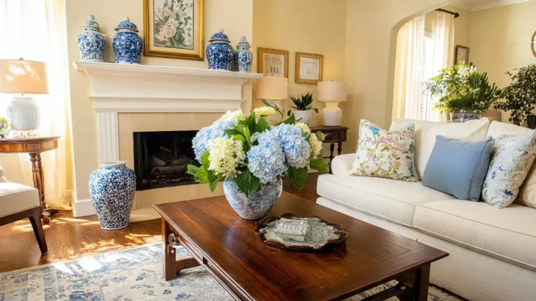 “Traditional Southern decor living room with blue and white accents, floral pillows, and a classic wood coffee table.